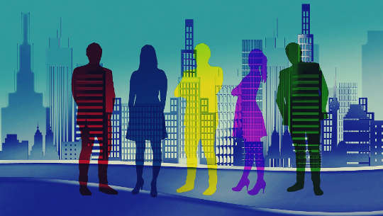 volorful silhouettes of 5 people with skyscrapers in the backgrounds