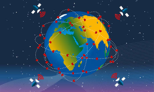 the planet earth with hearts on it beamed down by satellites