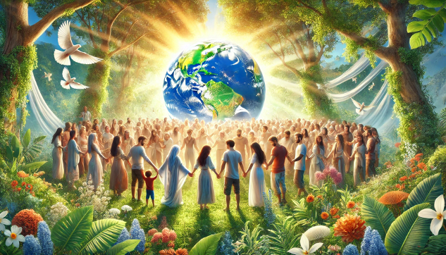 a large group of people in a circle holding hands with the globe of planet radiating in their midst