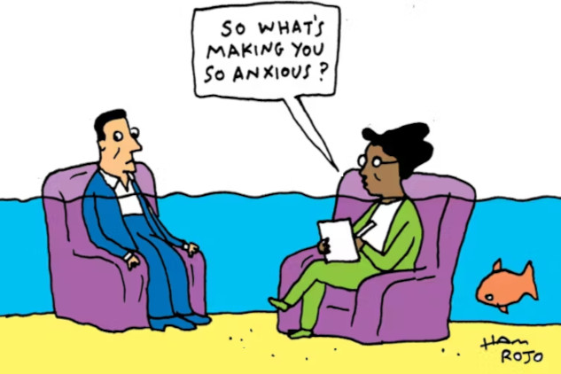 a cartoon of a counselor asking her patient why he is so anxious as the water rises around them