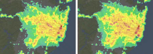 Satellite images of light pollution of Sydney from the VIIRS satellite from 2012 and 2022. The red areas are higher sources of light pollution. NOAA/VIIRS