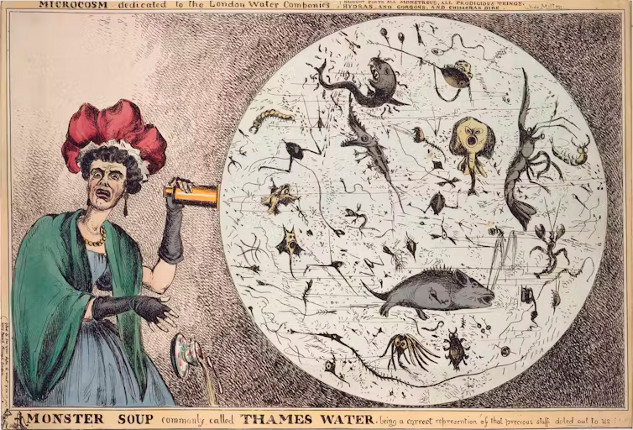 A political cartoon from 1828 depicting a woman horrified by a magnified drop of Thames River water, illustrating historical parallels to climate change skepticism.