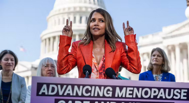 Actor Halle Berry standing in front of U.S. senators proclaiming that she’s in menopause.