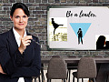 a montage of a woman on the beach, at the office, and at home with her baby with the heading: Be a Leader