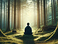 a person sitting meditation in a forest with radiant light in the foreground