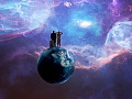 2 people standing on the globe of Planet Earth looking out into the Universe