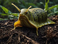 Close-up of a slug moving through a garden, highlighting its importance in soil health and ecosystem balance.