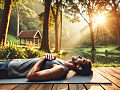 a man laying down outside on a yoga mat with eyes closed and hands on his chest