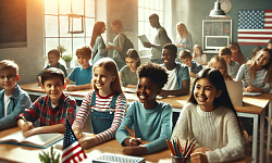 smiling and diverse children sitting in a classroom