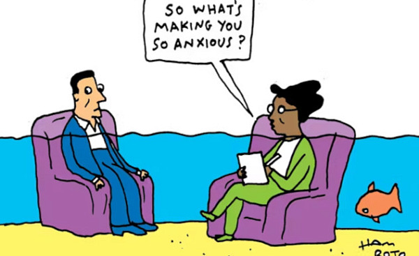 a cartoon of a counselor asking her patient why he is so anxious as the water rises around them