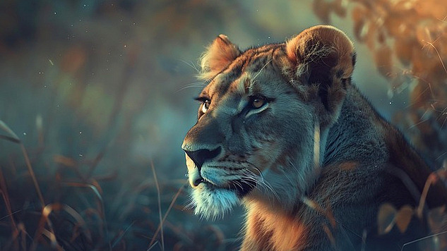 close up of the face of lion who is looking away into the distance