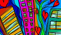 a drawing of colorful buildings with a stylized tree which bears hearts