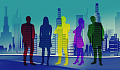 business people standing in front of a city skyscape