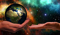 one hand holding the planet, the other open ready to receive it