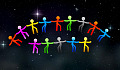 colorful figures holding hands in the starry sky