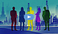 volorful silhouettes of 5 people with skyscrapers in the backgrounds