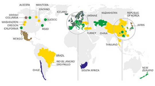 Graphic of global emissions trading systems and carbon taxes adapted from World Bank Group: State and Trends of Carbon Pricing 2015. Large circles represent subnational instruments; small circles represent cities.