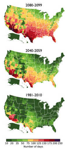 Expected number of days in a typical year with highs above 95°F under the Trump Trajectory. Rasmussen et al., 2016, Author provided