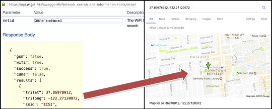 Connecting a device’s MAC address to a physical address (belonging to ICSI) using Wigle.