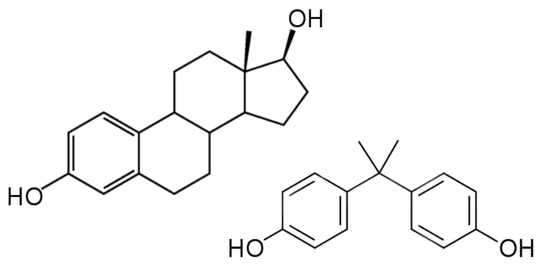 A comparison of the structures of estradiol (left), a female sex hormone, and BPA (right), an endocrine disruptor found in plastics...