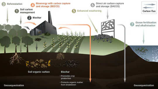 Graphic showing seven negative emissions technologies. (seven ways to to suck co2 out of the atmosphere)