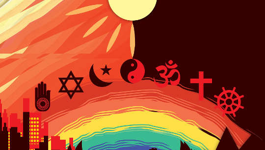 the sun shining down on a rainbow that holds symbols of numerous religions