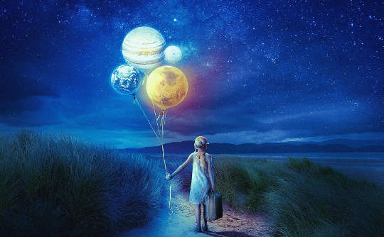 a child with a suitcase setting out on a journey holding balloons that are representations of planets