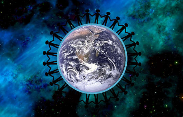 a circle of people holding hands encircling Planet Earth