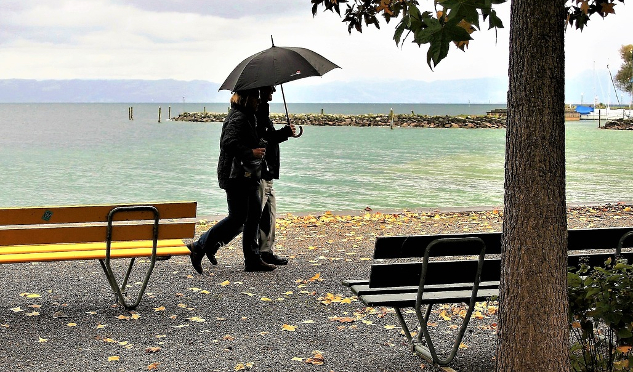 two persons walking with one holding an umbrella over both of them