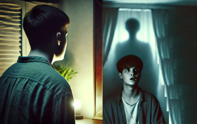 a young man looking in a mirror and seeing his reflection with a ghost behind it