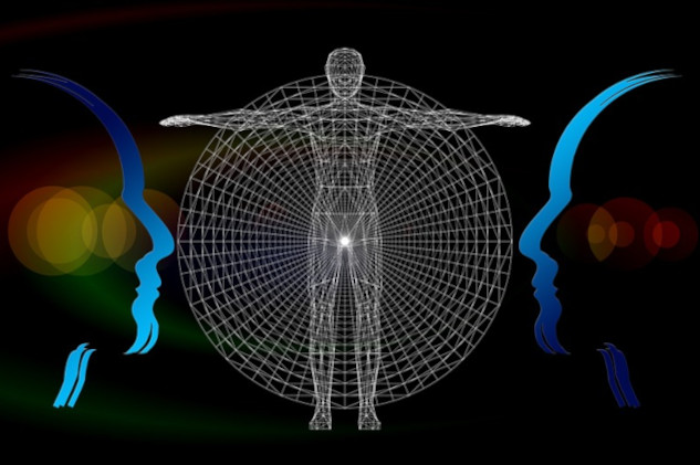 the outline of a body with a grid of energy surrounding it