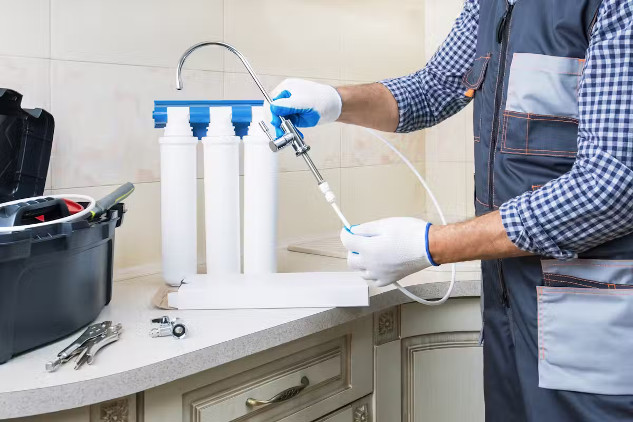 A man in work clothes installing a water filtration system under the kitchen sink, representing the process of reducing PFAS contamination in household water.