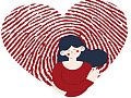 an image of a woman in front of a huge "fingerprint" heart