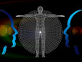 the outline of a body with a grid of energy surrounding it