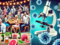 a split image: half showing people socializing and drinking, the other half showing a microscope to study the effects of alcohol on our cells and cancer