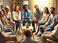 a groupp of diverse and smiling people sitting in a circle