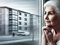 a senior woman looking peacefully out the window at an apartment housing complex