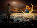a man and his dog looking at a woman sitting on a quarter moon over the water