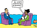 a cartoon of a counselor asking her patient why he is so anxious as the water rises around them