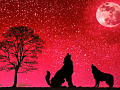 wolves howling at a full moon in a red sky background