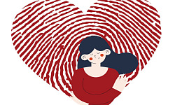 an image of a woman in front of a huge "fingerprint" heart