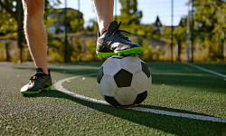 someone's foot on top of a soccer ball