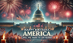 Illustration depicting America’s 250th anniversary with symbols of democracy, highlighting the 2024 election as a crucial moment for U.S. values and freedoms.