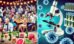 a split image: half showing people socializing and drinking, the other half showing a microscope to study the effects of alcohol on our cells and cancer