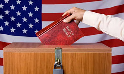 someone dropping a Bible into the ballot box in front of an American flag backdrop