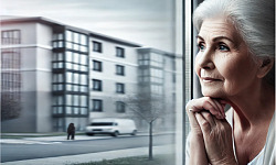 a senior woman looking peacefully out the window at an apartment housing complex