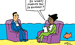 a cartoon of a counselor asking her patient why he is so anxious as the water rises around them