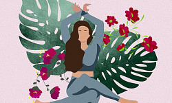 a woman practicing yoga in front of a Monstera deliciosa plant (also known as Mexican breadfruit)