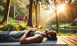 a man laying down outside on a yoga mat with eyes closed and hands on his chest