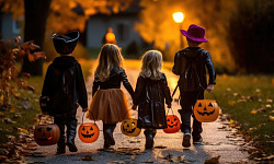 A joyful Halloween night scene with children in costumes trick-or-treating.